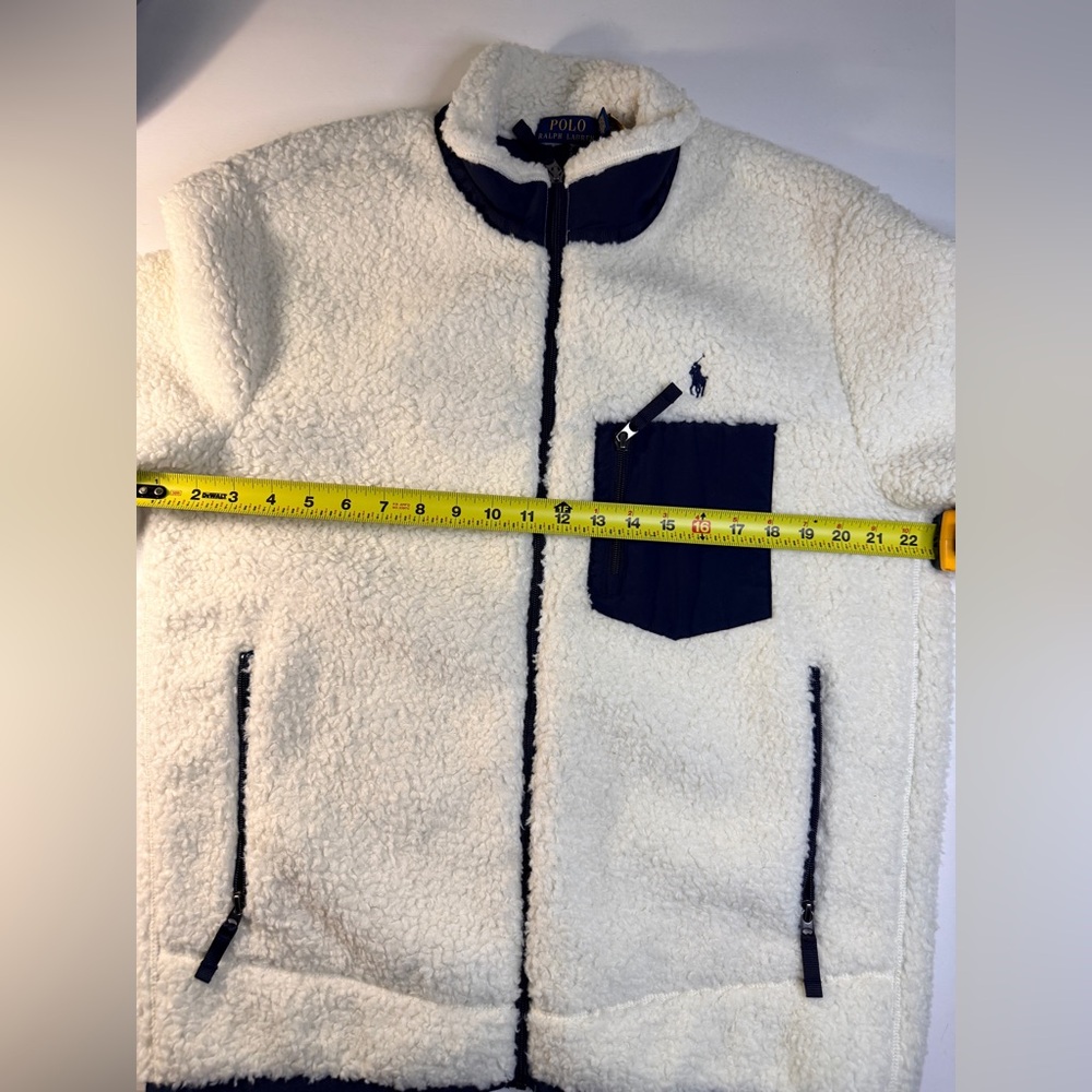 Ralph Lauren Men's Cream and Navy Pile Fleece Hybrid Jacket - Picture 9 of 13